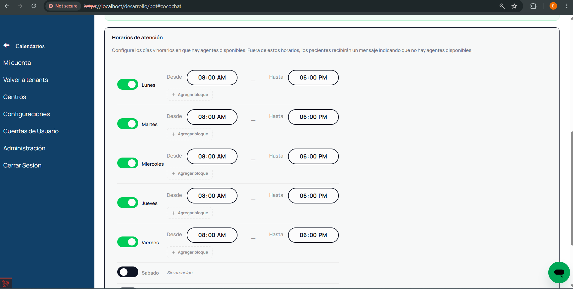 Configuración de horarios de atención por día en COCO Chat