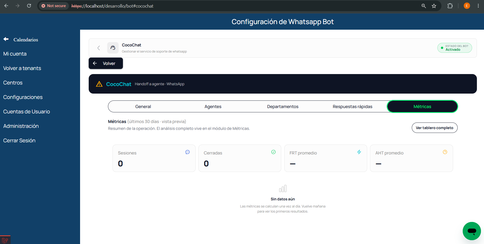 Tablero de métricas de la operación de atención en COCO Chat