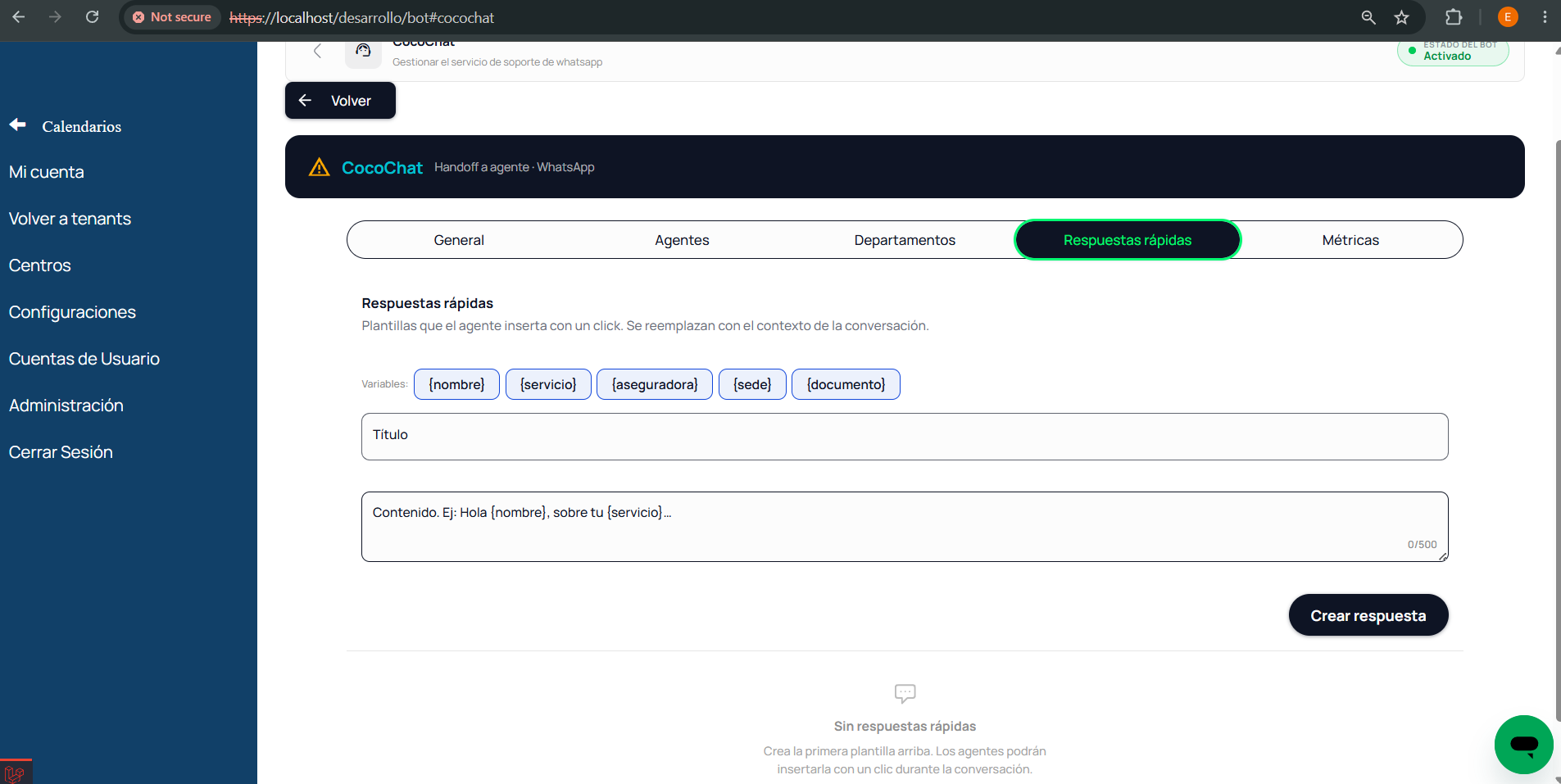 Configuración de respuestas rápidas con variables del paciente en COCO Chat