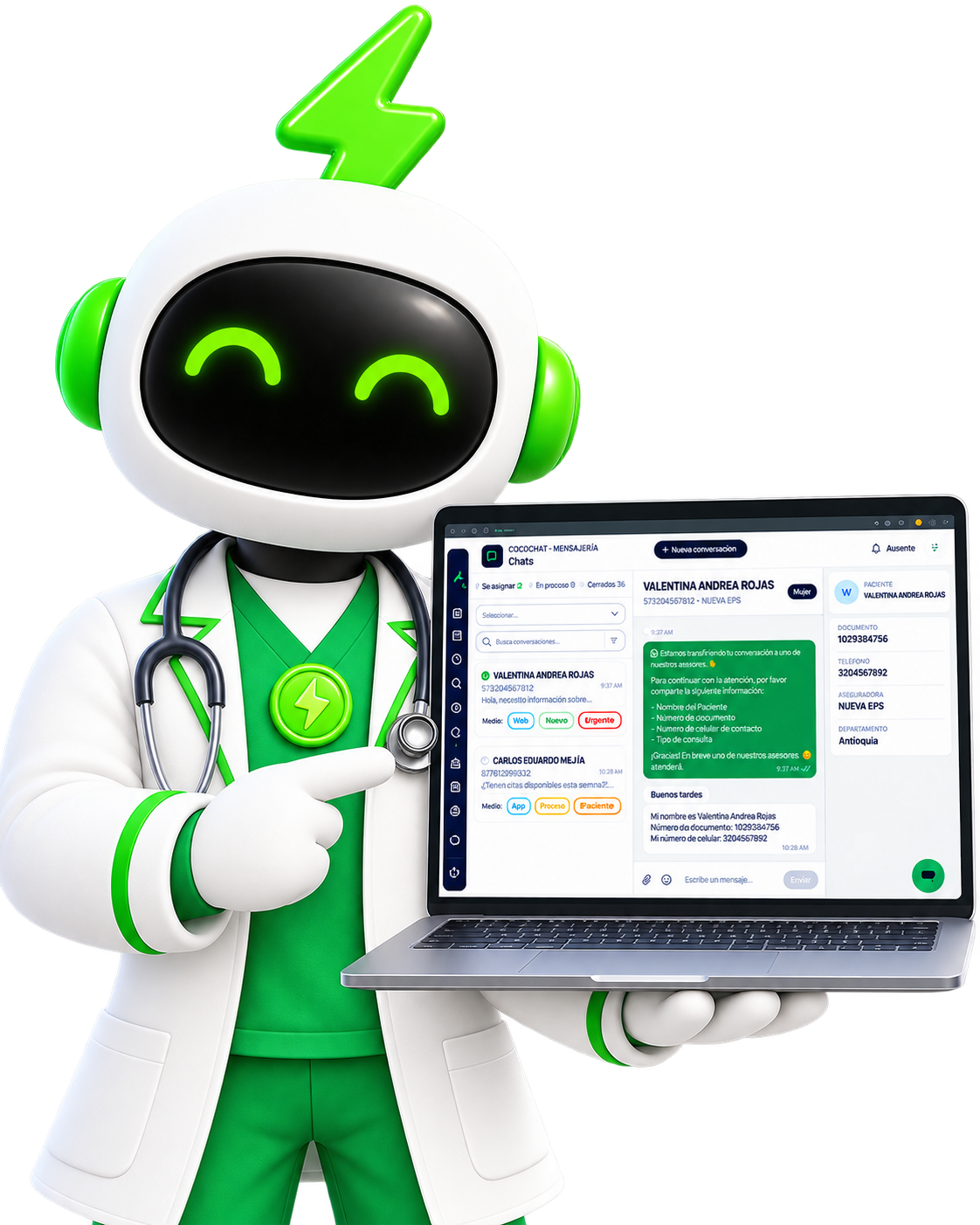 Asistente COCO mostrando la pantalla de atención de pacientes por WhatsApp