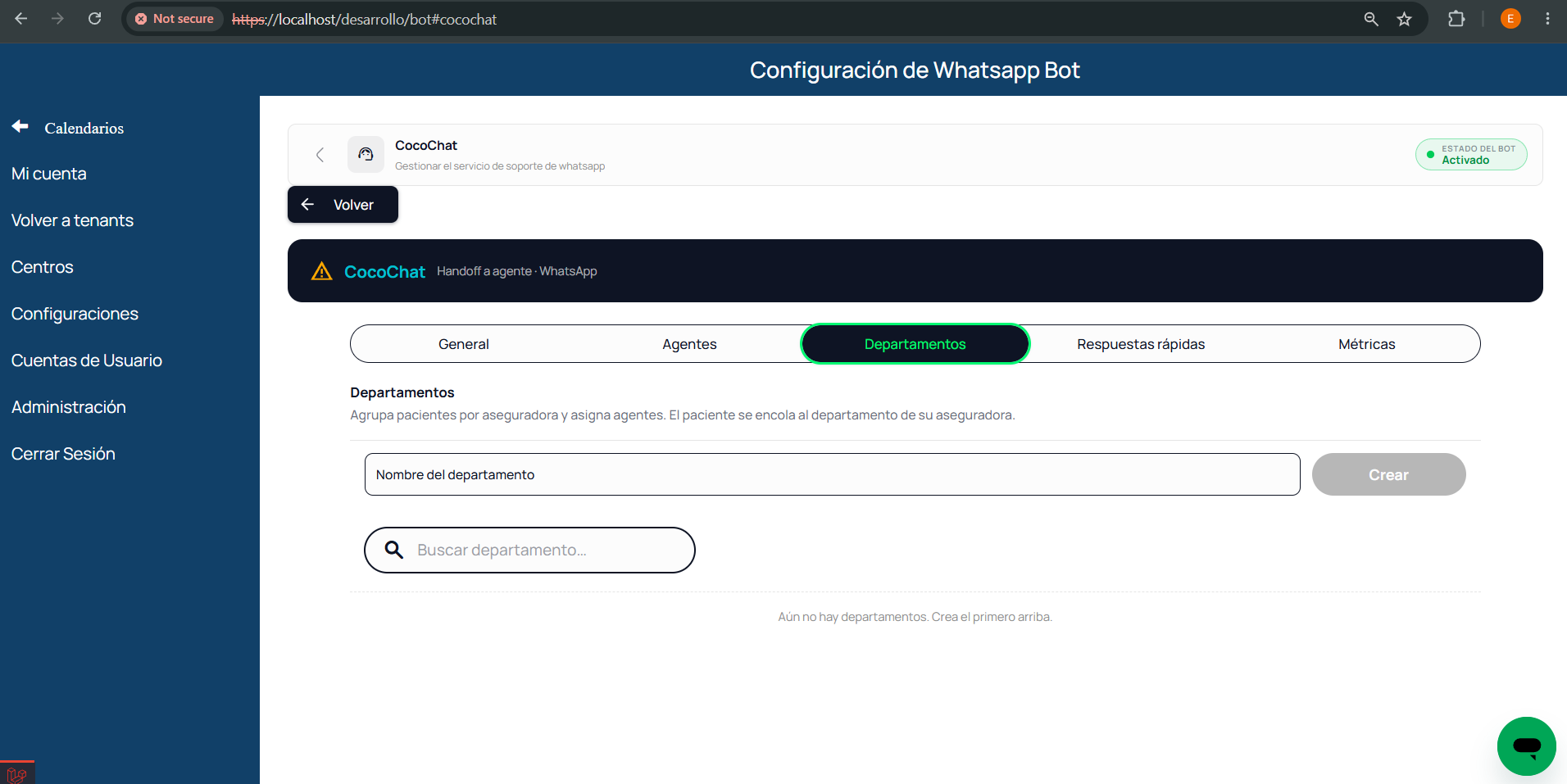 Configuración de departamentos por aseguradora o servicio en COCO Chat