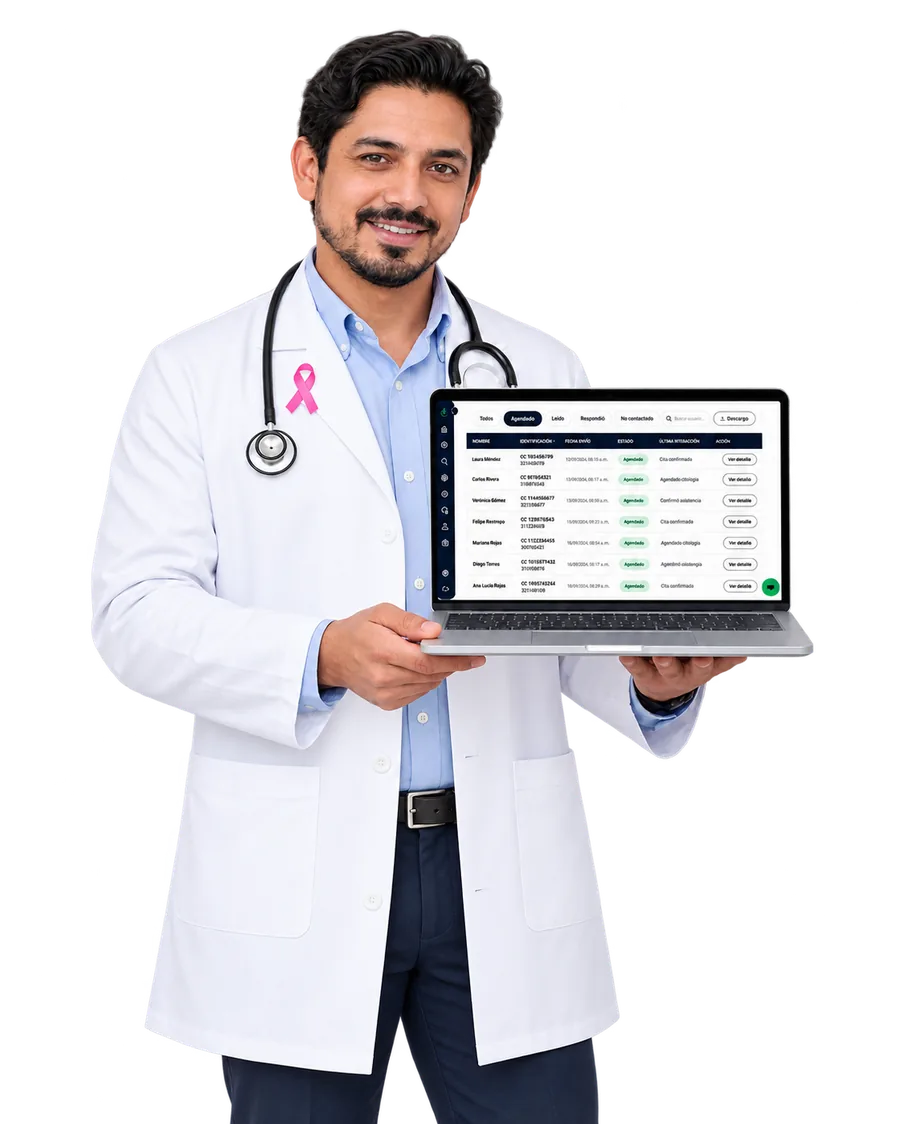 Médico mostrando la agenda de citas de campañas de COCO en una laptop