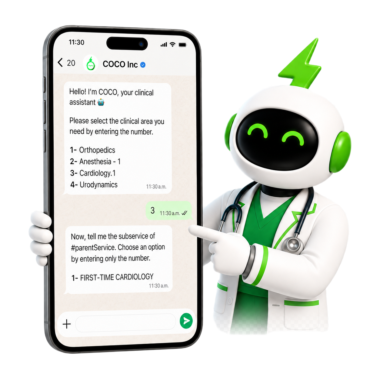 COCO clinical assistant on WhatsApp guiding a patient through clinical scheduling