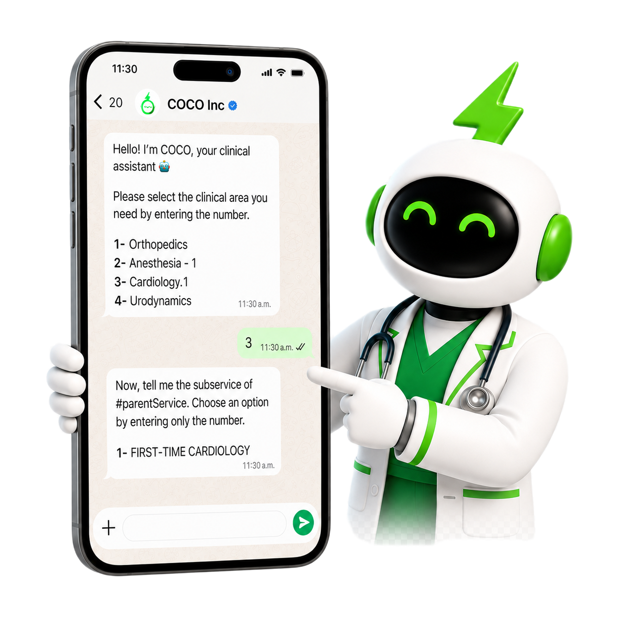 COCO clinical assistant on WhatsApp guiding a patient through clinical scheduling
