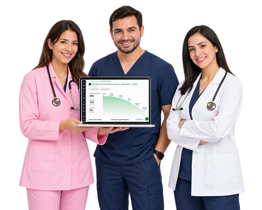 Equipo de salud mostrando el tablero de campañas de COCO en una laptop