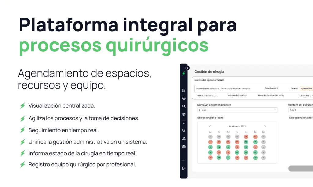 Interfaz de plataforma para agendar recursos y equipo en cirugías.