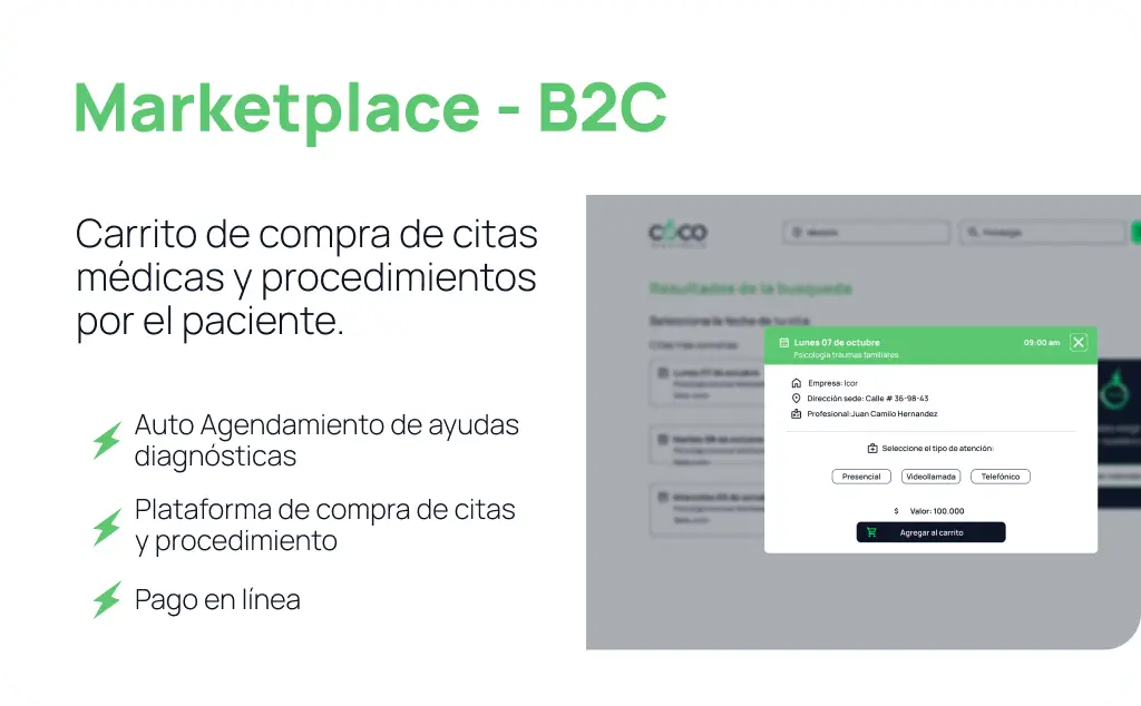 Interfaz del Marketplace B2C que permite el auto agendamiento de citas médicas, compra de procedimientos y pago en línea