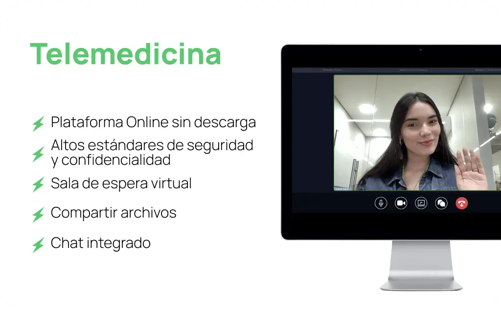 Interfaz de telemedicina con video llamada, sala de espera virtual, chat integrado, y opciones para compartir archivos en una plataforma online sin descarga