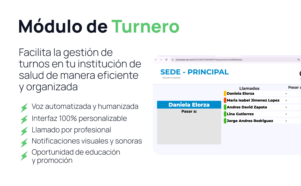 Interfaz del Módulo de Turnero para la gestión de turnos en instituciones de salud, con notificaciones visuales y sonoras, llamado por profesional, y voz automatizada